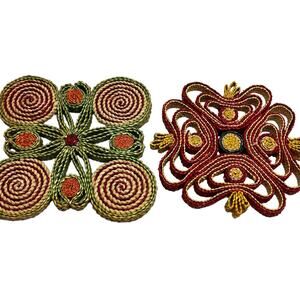Vintage MCM Wicker Rattan Trivets Set of 2 Greens Golds Reds 7" Square